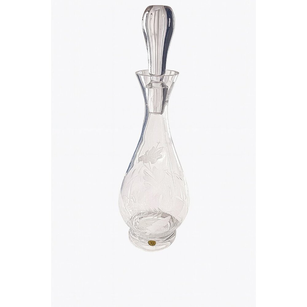 Vintage Polish Cut Crystal Glass Decanter with Stopper – Floral Etched – 14" Tal